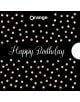 Ваучер за подарък Polka Dots има черен фон със златни, розови и бежови точки, "Честит рожден ден" с елегантен бял шрифт в центъра, оранжев център в горната част и празен бял кръг за вашия ваучер вдясно.-1-thumb