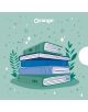 Илюстрация на четири зелени и сини книги с листа и блясък, с надпис "Orange" в горната част. Идеална за ваучер за подарък Обичам книгите от онлайн магазин Оранжев център на светло тилов фон.-1-thumb