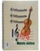 Нотна тетрадка Цигулка A4 със спирала има светлобежова корица с цигулка, ноти, тризвучие и надпис "Music notes" в зелено в долната част. Вътре има карирани листа.-thumb