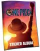 Корицата на One Piece албум + стикери изобразява герой със сламена шапка, вдигнал юмрук на фона на небето по залез, с логото на One Piece, яркия текст "Sticker Album" и цветните One Piece стикери, показани отдолу.-thumb