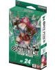Карти за игра One Piece: Starter Deck Green Jewelry Bonney ST-24 в зелена опаковка с изображение на Бонни с розова коса, бяла риза, черен елек и шапка. Декът се свързва със серията OP-11 Booster Pack.-thumb