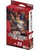 Кутията на Карти за игра One Piece: Starter Deck Red Shanks ST-23 с впечатляваща илюстрация на Шанкс със сабя, опаковката е в червено и бяло, надпис RED, номер 23 и лого Bandai Namco.-thumb