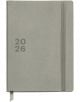 Седмичен тефтер - органайзер Miquelrius Back To Basics Gris 2026 има сиви кожени корици, ластик, книгоразделител с панделка и щампована 2026 отпред. Този елегантен бележник е част от колекцията Back To Basics Gris.-1-thumb