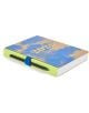 Тефтерът - органайзер Miquelrius Back To Basics Kraft Nubes 2026, ден на страница има кафяво-синя акварелна корица, жълт текст, зелен гръбнак и черна химикалка, захваната със синя ластична примка отстрани.-5-thumb