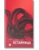 Корицата на Остайница е с червен фон със заплетени тъмночервени нишки и смел бял текст на кирилица: Рене Карабаш ОСТАЙНИЦА, напомнящ заклети деви. В долния ляв ъгъл се появява малко лого на издателството.-2-thumb