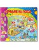 Цветна илюстрована корица за "Отиваме на поход, книжка с капачета" с анимационни животни като котарак Мърко, които рафтират по река в природата. "Намери и покажи" дейности и предмети за къмпингуване се появяват от лявата страна.-thumb