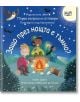 Децата седят край огъня през нощта в гората под звездите и пълната луна, а прилеп и бухал ги наблюдават и споделят "Първи въпроси и отговори: Защо през нощта е тъмно?"- вълшебна българска детска книга за ден и нощ.-2-thumb