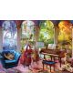 В музикална стая с чело, цигулка, валдхорна и роял почиват две кучета и котка; навън през колоните се виждат четирите сезона. Пъзел Eurographics - Четири сезона, 1000 части - включва още ноти и пеперуда.-2-thumb