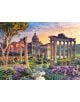 Древни римски руини, колони при изгрев слънце, разцъфнали лилави цветя, бял скутер, цветни сгради и куполна църква под птици в яркото небе - идеално решение за Пъзел Eurographics - Форумът в Рим, 1000 части.-2-thumb