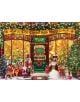 Празничен коледен магазин с цветни лампички и гирлянди. Отвън стоят орехотрошачка, снежен човек, Дядо Коледа и подаръци - плюс Пъзел Eurographics - Коледен магазин, 1000 части-идеален подарък за Коледа сред елени и блестящи елхи.-3-thumb