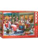 Пъзел Eurographics - Кучета в камион, 1000 части показва кученца и кучета в червен ретро камион, пълен с подаръци, на фона на снежен град с елхи и коледни светлини.-1-thumb