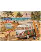 Пъзел Eurographics - VW Be happy, 1000 части изобразява плажна сцена с класически бус Volkswagen, сърф, палми, куче и дете на фона на морето и весели надписи.-3-thumb