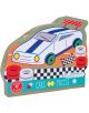 Пъзел Floss & Rock, Cars - Коли, 40 части в цветна кутия във форма на кола с илюстрации на състезателна кола, гуми и флаг. Подходящ за деца над 3 години. Включено предупреждение за опасност от задавяне.-1-thumb
