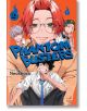 Четирима герои в аниме стил позират на оранжев фон за Phantom Busters, Vol. 2. Червенокосият лидер с очила стои отпред с клуба на екзорсистите; членовете с черна, сребърна и зелена коса го следват. Показани са историята и художественото оформление на Neos-1-thumb