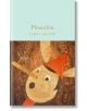 Корицата на "Пинокио" (Macmillan Collector's Library) е със стилизирана илюстрация на лицето на Пинокио с дълъг нос, заострена червена шапка и дървен фон с текстура.-thumb