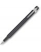 A Caran d'Ache 849 Metal Black черна метална писалка със сребърен клипс и фин връх е изложена диагонално на бял фон, налична в книжарница Orange.-1-thumb