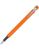 Яркооранжева писалка Caran d'Ache 849 Metal Fluo Orange със сребърен клипс и акценти и черна част на ръкохватката със сребърно перо, изобразена на бял фон. Открийте я в Книжарница Orange.-1-thumb