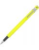 Писалка Caran d'Ache 849 Metal Fluo Yellow със сребърен клипс и черна част на дръжката, разположена диагонално на бял фон. Предлага се в книжарница Orange.-1-thumb