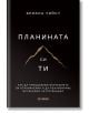 Корицата на "Планината си ти - твърда корица" от Бриана Уийст показва минималистичен контур на планина и бял текст на черен фон, с подтекст за преодоляване на вътрешни конфликти и реализиране на истинския потенциал.-1-thumb