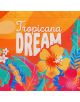 Ярък оранжев фон с голям бял текст "Tropicana DREAM", заобиколен от тропически цветя - идеален за вашата Legami плажна чанта Tropicana Dream или други цветни плажни аксесоари.-3-thumb
