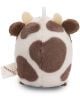 Малка плюшена играчка крава от Nici Mymochi Minis с кафяви и бели петна, бежови рога, къса опашка и етикет от плат с надпис mymochi, прикрепен отстрани, показана отзад. Предлага се в книжарница Orange.-2-thumb