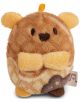 Малка, кръгла играчка от колекцията Nici Mymochi Minis, тази кафява и жълта плюшена играчка прилича на мече с бродирани очи, зашит нос, сгънати ръце, вафлена шарка, малки ушички и страничен етикет от плат.-1-thumb
