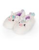 Плюшени пантофи Legami - Unicorn, размер 35-38: бели и пухкави, оформени като еднорози с бродирани лица, розови бузки, сребърни рогчета, пастелни гриви и лилава вътрешност.-1-thumb