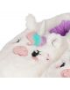 Близък план на Legami Плюшени пантофи - Еднорог (размер 35-38) с пухкава бяла материя, бродирани усмихнати лица, пастелни гриви в цветовете на дъгата, сребристи блестящи рога и уши и лилава вътрешна подплата.-4-thumb