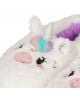 Близък план на Плюшени пантофи Legami - Еднорог, размер 39-41: пухкави бели пантофи с бродирано усмихнато лице, пастелна грива в цветовете на дъгата, рог и уши от сребрист брокат и мека лилава подплата отвътре.-4-thumb