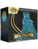 Кутията на Pokemon TCG: Mega Evolution 01 Elite Trainer, асортимент, има черна кутия със златни акценти, стилизиран син и жълт контур на Лукарио, текст "Mega Evolution" отпред и предупредителен етикет отдолу.-1-thumb