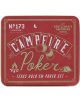 Червена калаена кутия с надпис Campfire Poker от Gentlemen's Hardware, № 173. Представлява карти, чипове за покер, илюстрации на лагерен огън, палатка и полумесец. Покер комплектът е идеален за вечери на играта или за подарък от книжарница Orange.-1-thumb