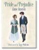 Корицата на книгата "Гордост и предразсъдъци" (Arcturus Illustrated Classics), на която е изобразена жена в дълга рокля и боне, която върви до мъж в облекло от епохата на Регентството на фино текстуриран светъл фон.-thumb