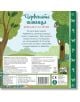 Корицата на книгата "Приказка със звуци: Червената шапчица" на български език с дървета, пеперуди, горска сцена и фин силует на вълк. В долната част са изобразени текст и икони за безопасност, които описват продукта.-3-thumb