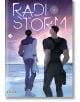 По залез слънце на осеян с трупове островен плаж стоят бос мъж и мъж с тактическо оборудване. Корицата показва: Radio Storm, Vol. 2 by Team S&S в стилизиран текст.-thumb