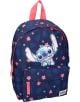 Тъмносиня чанта Vadobag Stitch раничка за детска градина с розови мотиви на цветя и листа, с голяма графика на Stitch от филма на Disney "Лило и Стич" на предния джоб. Предлага се в книжарница Orange. Розовите ципове и дръжката завършват визията.-1-thumb