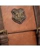 Близък план на Раница ABYstyle Harry Potter Hogwarts Premium от кафява кожа, с метален герб на Хогуортс, релефен текст "Draco Dormiens Nunquam Titillandus", месингови катарами и детайлни шевове.-7-thumb