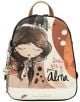 Стилна дамска раница Anekke Alma (24x30x12 см) с илюстрация на момиче със затворени очи, тъмна коса и червени устни, надпис "Танцувай със своята алма", сърце и абстрактни шарки в кафяво, оранжево и кремаво.-2-thumb
