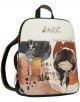 Стилна раница Anekke Alma 26 x 30 x 8 см с дръжка и цип, илюстрация на момиче с кестенява коса и затворени очи, цветни мотиви, висулки и надписи "Анеке Алма", "доволно сърце" и "Танцувай със своята Алма" отпред.-1-thumb