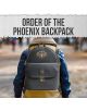 Черна раница на Ордена на Феникса със златни надписи и емблема "ORDER OF THE PHOENIX BACKPACK" е изписано горе на бял фон от скъсана хартия. Предлага се в книжарница Orange.-6-thumb