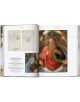 Отвореното копие на *Raphael: Paintings, Frescoes, Tapestries, 45th Edition* показва скици на лица и ръце на лявата страница и жива картина от Високия ренесанс с възрастен мъж, херувими и четяща Дева Мария на дясната. Включени са текстови надписи.-5-thumb