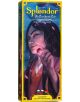 Обложка на кутията на Splendor The Sun Never Sets, разширение за настолна игра Splendor, с илюстрирана жена с тъмна коса, която спокойно държи червен скъпоценен камък на лилав и жълт фон. Предлага се в книжарница Orange.-1-thumb