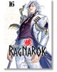 На корицата на Record of Ragnarok, Vol.16 е изобразен поразителен среброкос мъж в бяло-син костюм със златни акценти, който стои уверено сред епичната битка на богове срещу герои. Заглавието на поредицата и надписите са изведени на видно място.-1-thumb