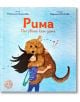 Илюстрация на момиче, прегърнало голямо, пухкаво кафяво куче. На синия фон е изобразен текст на български език, представящ детската книга "Рима - Пътуване към дома".-2-thumb