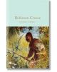 Корицата на книгата "Робинзон Крузо" (Macmillan Collector's Library) изобразява брадат мъж в овехтели дрехи с копие сред гъста тропическа зеленина на светлосин фон.-thumb
