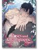 Корицата на "Рози и шампанско", том 2, изобразява двама мъже в интимна прегръдка - единият нежно е положил глава на рамото на другия - на мек, размазан флорален фон, напомнящ за драма в пустинята.-thumb