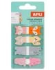 Пакет Самозалепващи индекси Apli Happy Idex Animales Verde, с пастелни табове с лисица, котка, мече и заек върху синьо-зелена подложка с логото на APLI.-thumb