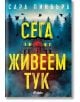 На обложката на "Сега живеем тук" е изобразена страховита къща със светещи червени прозорци, тъмни дървета и летящи гарвани. Заглавието загатва за свръхестествени тайни, като името на автора Сара Пинбъра е изписано на видно място в горната част.-2-thumb