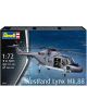 Кутията на сглобяем модел Revell - Хеликоптер Westland Lynx MK.88A в 1:72 мащаб показва военноморския хеликоптер в полет над океана с технически данни и брой части върху опаковката.-1-thumb