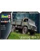 Сглобяем модел Revell - Камион Unimog 404 S показва зелен военен камион в гора. Кутията подчертава мащаб 1:35, 244 части, дължина 14.3 см и трудност ниво 4.-1-thumb