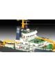 Близък план на сглобяем модел Revell - Кораб Smit Houston, мащаб 1:200, с бяла и зелена палуба, жълти кранове, спасителни лодки, синя фуния с надпис SMIT WIS, както и парапети, прозорци и спасителни лодки на градиентен фон.-4-thumb